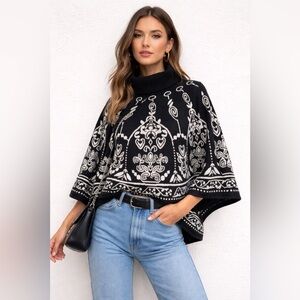 Max Mara 100% Wool Graphic Knit Turtleneck Poncho Cape